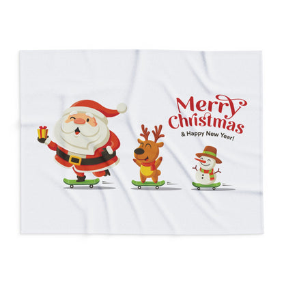 Stunning view of the Decorative and Warm Christmas Arctic Fleece Blanket featuring a joyful illustration of Santa, a reindeer, and a snowman, perfect for festive celebrations.