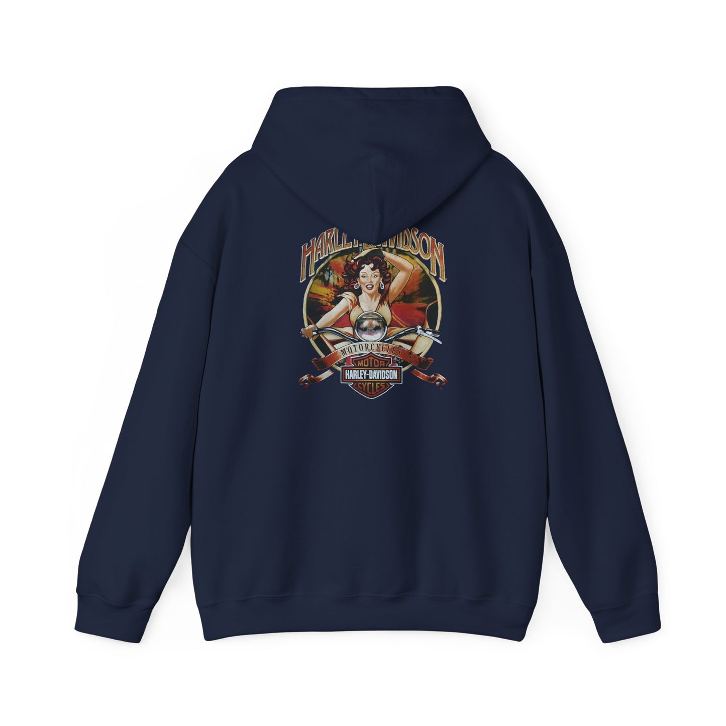 Elegant navy hoodie showcasing a vintage Harley-Davidson pin-up design on the back, radiating adventurous spirit.