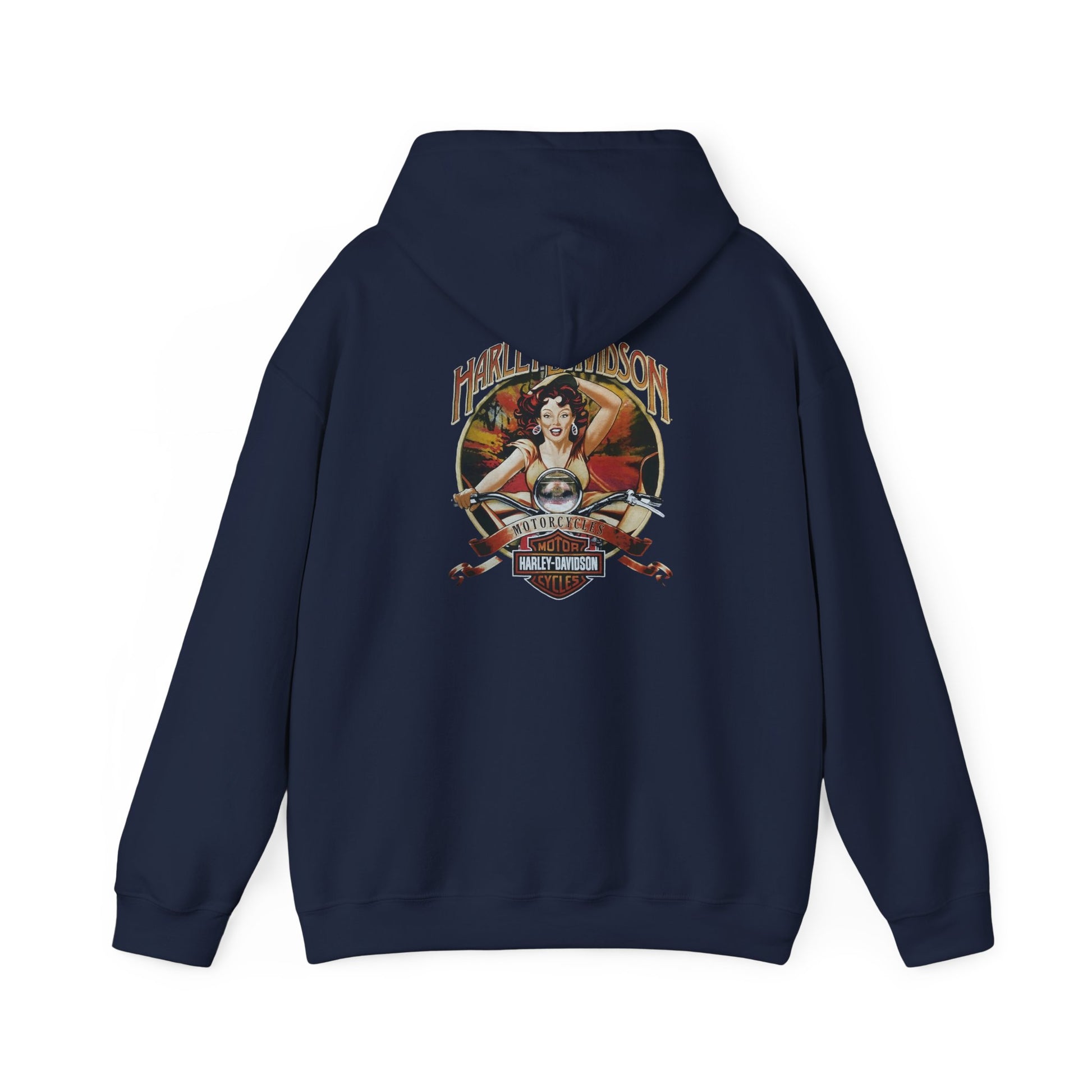 Elegant navy hoodie showcasing a vintage Harley-Davidson pin-up design on the back, radiating adventurous spirit.
