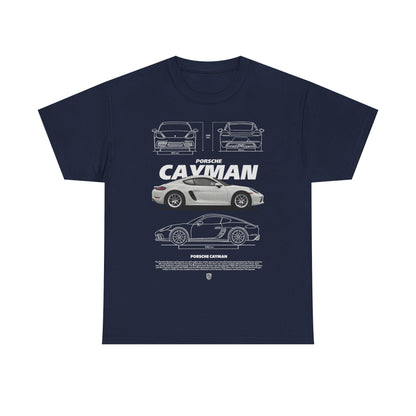 Elegant navy men's T-shirt showcasing a striking Porsche Cayman graphic; ideal for automotive lovers seeking a fashionable statement piece.