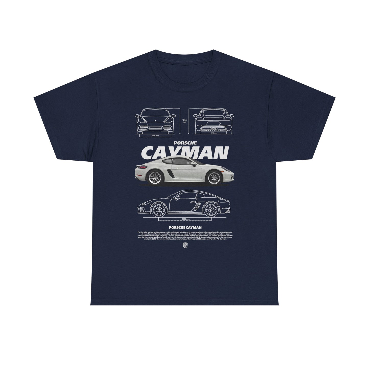 Refined navy men's T-shirt showcasing a captivating portrayal of the Porsche Cayman, displaying its distinguished design in a fashionable format, perfect for sophisticated car aficionados.