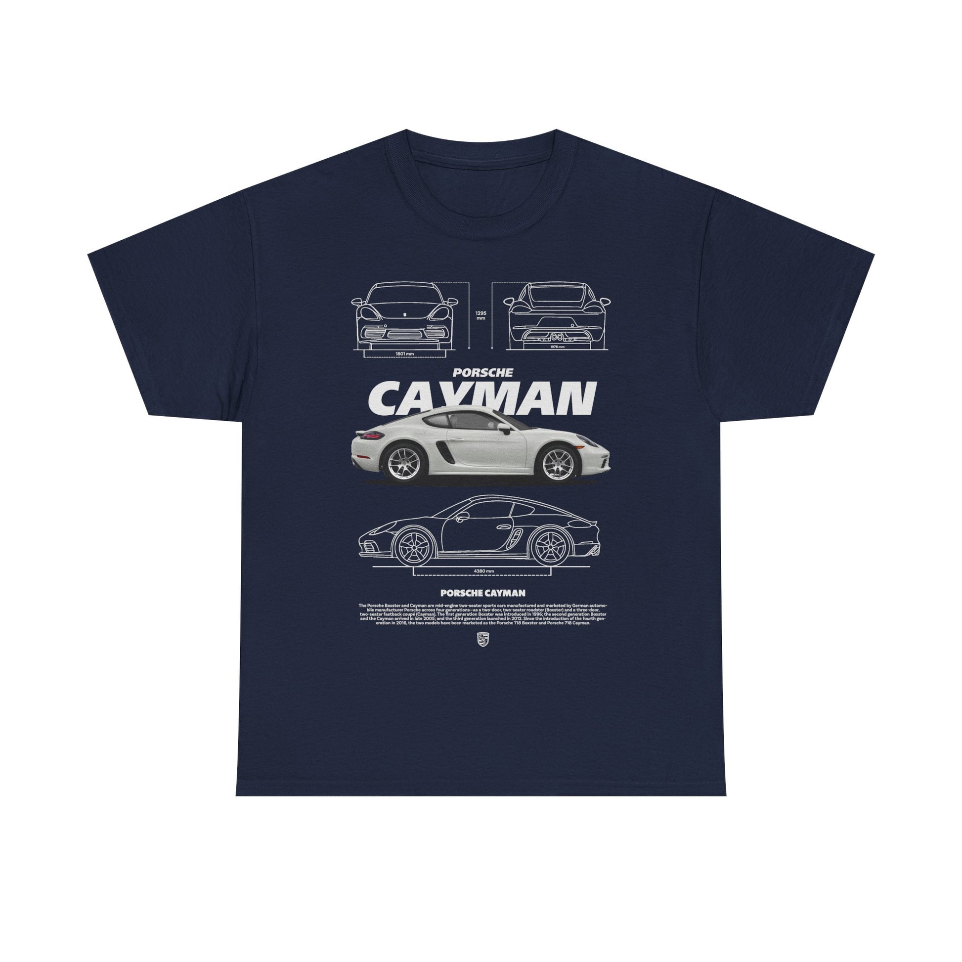 Refined navy men's T-shirt showcasing a captivating portrayal of the Porsche Cayman, displaying its distinguished design in a fashionable format, perfect for sophisticated car aficionados.