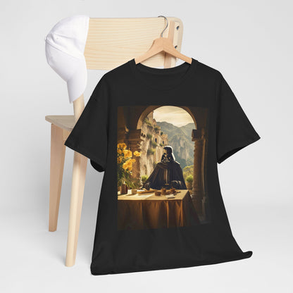 Elegant black t-shirt featuring a serene Darth Vader design, showcased on a simplistic hanger beside a white cap, perfect for casual luxury fashion.