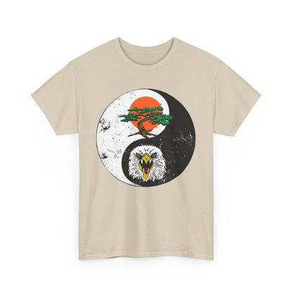 Elegant unisex tee displaying intricate yin-yang artwork with a powerful eagle and a serene bonsai, highlighting the harmony of opposites in a fashionable design.