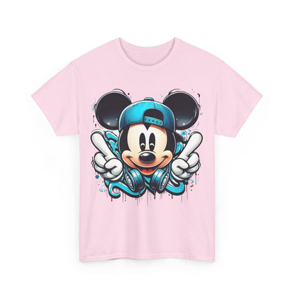 Mickey Mouse Graffiti Unisex Graphic T-Shirt in pink, featuring a vibrant design of Mickey with a teal baseball cap and headphones, perfect for modern trendsetters.
