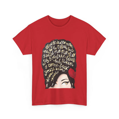 Luxurious unisex Amy Rehab Lyrics Graphic Tee in vibrant red featuring an edgy design with artistic representation and iconic lyrics, perfect for music and fashion aficionados.