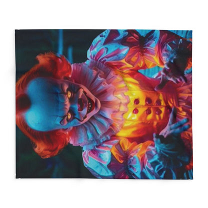 Artistic view of the Decorative and Warm Halloween Spooky Pennywise IT Arctic Fleece Blanket featuring a vivid Pennywise character design, displayed in a sophisticated interior.