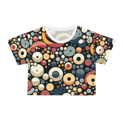 Luxurious lightweight polyester crop top with vibrant blob pattern by Dazzling Dreams Studio, ideal for a fashion-forward wardrobe.