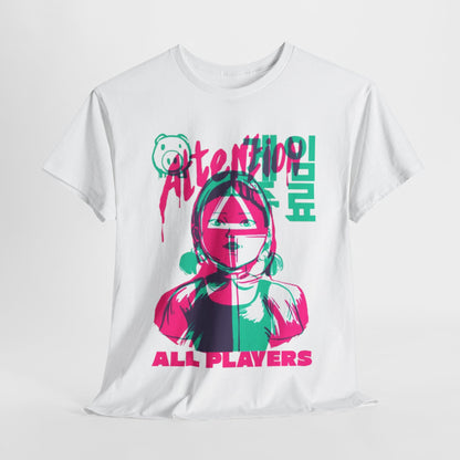 Stylish Squid Game Unisex Graphic Cotton T-Shirt displayed on a hanger, showcasing audacious design with attention message, ideal for fashionable rebels.