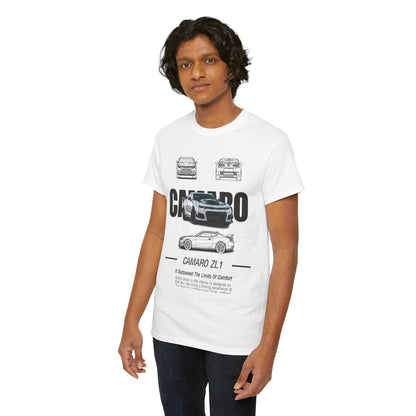 Luxury unisex Mens Camaro ZL1 T-Shirt featuring a striking graphic of the Camaro ZL1, worn by a model, showcasing style and automotive passion.