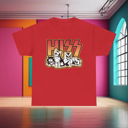Elegant HISS Cats Rock Band graphic t-shirt in red, featuring charming cat illustrations and eye-catching typography, a statement piece for cat lovers.