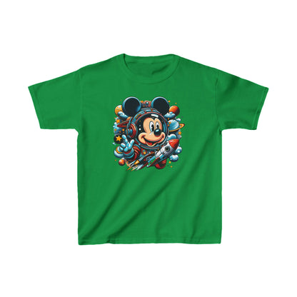 Child's Blast Off with Mickey Astronaut Unisex Graphic Tee Shirt in vibrant green featuring Mickey Mouse in a space suit, complete with a dynamic rocket ship and colourful cosmic elements.