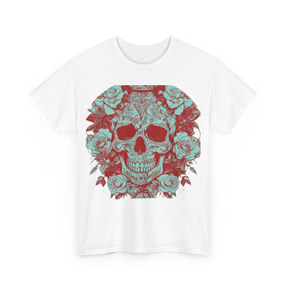 Front view of the Skulls and Roses Cotton Tee in white, highlighting the intricate skull and roses graphic, ideal for alternative fashion aficionados.