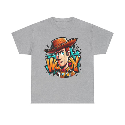 Woody Graphic Unisex Cotton Tee - Nostalgic Design, Comfortable Fit for All Adventures. Displays a colourful graphic of Woody, accentuating his iconic cowboy features on a classic grey t-shirt.