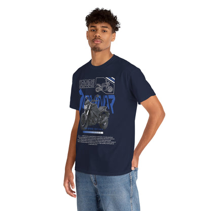 A man wearing a luxury navy blue T-shirt with a striking Dominar 400 motorcycle graphic, exuding sophistication and passion for motorcycling.