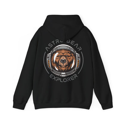 Luxurious black hoodie featuring a whimsical astronaut bear graphic on the back, designed for stylish adventurers and explorers.