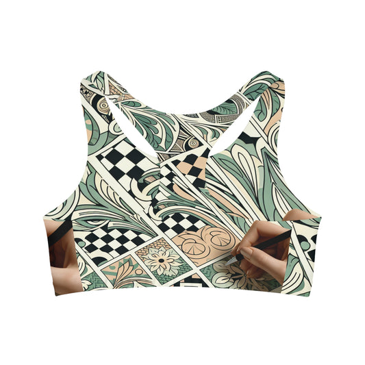 Back view of Vivienne Belmont Women's Sports Bra in pastel green, highlighting the luxurious modern pattern and intricate details.