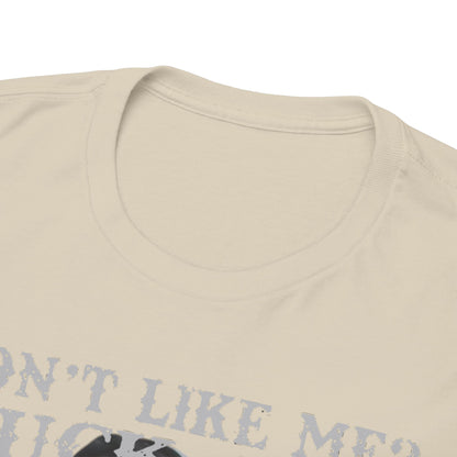 Detailed close-up of a premium quality t-shirt collar, enhancing the unique design of a tattooed nun with the phrase 'DON'T LIKE ME? FUCK OFF', showcasing both comfort and artistic expression.