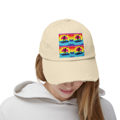 Unisex Distressed Paddleboarders Cap featuring a unique fantasy design, showcasing vibrant paddleboarding imagery, perfect for ultimate sun protection and luxury outdoor adventures.
