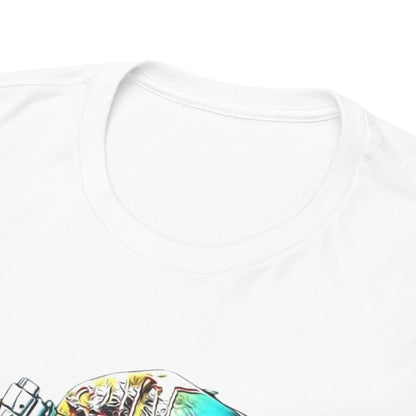 Close-up of the t-shirt's neckline, highlighting the luxurious fabric and exquisite detailed skull graphic print, perfect for stylish streetwear.