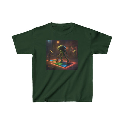 Kids Heavy Cotton Tee with Cute Aliens in rich forest green, featuring playful alien graphics, ideal for young adventurers.