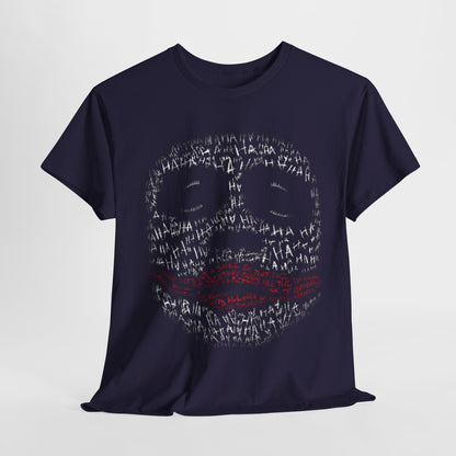 Luxurious navy cotton t-shirt featuring a striking graphic of the Joker's face composed of 'HA' motifs and a bold red lip accent, capturing a captivating design for fans of dark humour.