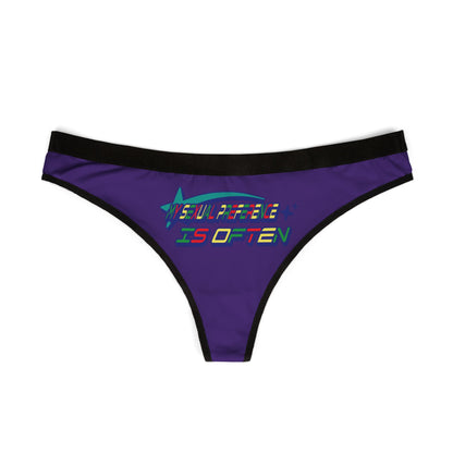 Elegant women's thong panties showcasing vibrant typography against a solid purple backdrop, perfect for adding a daring touch to your lingerie collection.