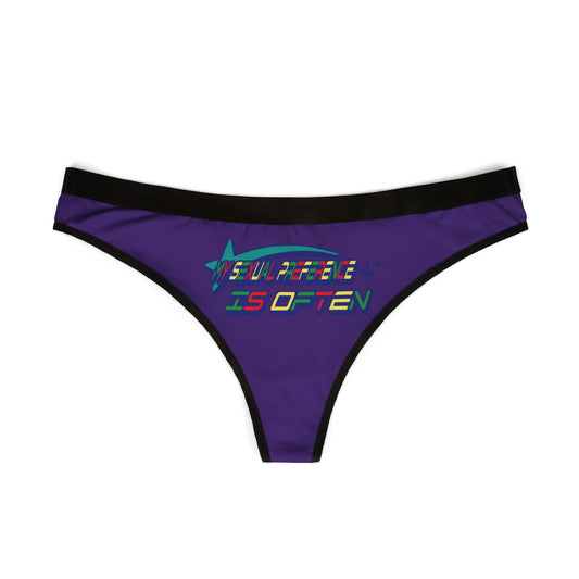 Elegant women's thong panties showcasing vibrant typography against a solid purple backdrop, perfect for adding a daring touch to your lingerie collection.