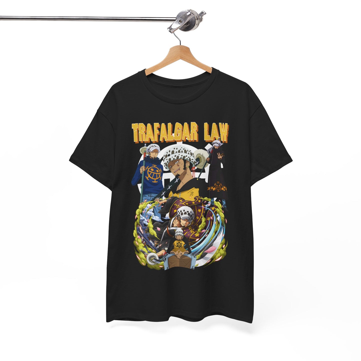 Exquisite black t-shirt with a high-fashion design depicting Trafalgar Law from One Piece, combining comfort and style for sophisticated fans.