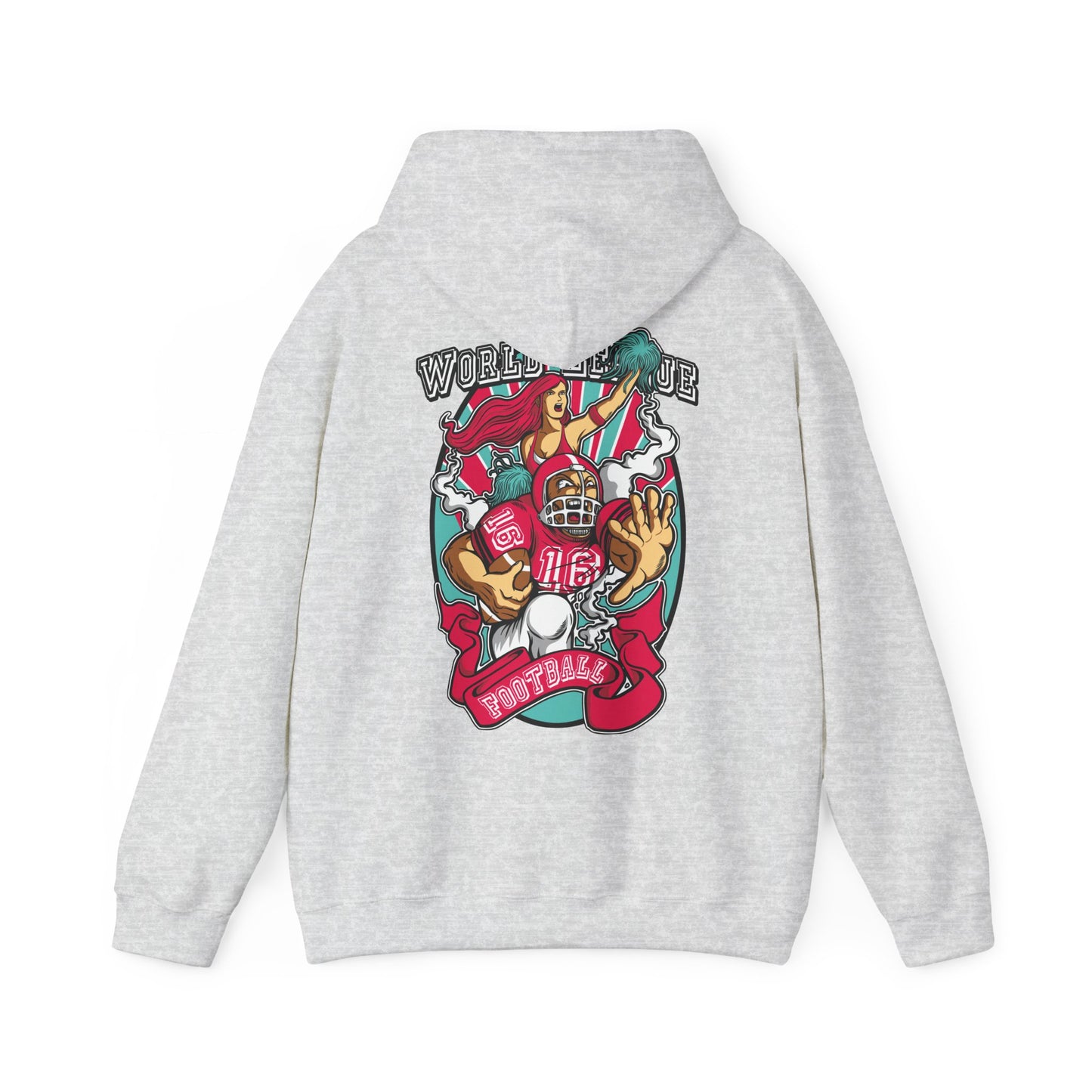 Luxury grey hoodie featuring a vibrant back print of a football player in a striking red jersey with the number 16, alongside a dynamic cheerleader with crimson hair and teal pom-poms, complemented by a stylish 'WORLD LEAGUE' banner.
