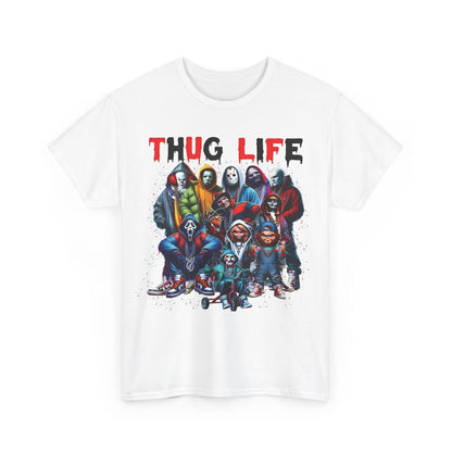 Thug Life Horror Collective Graphic T-Shirt in classic white, design highlighting beloved horror characters presented in a stylish urban attire for a chic statement piece.