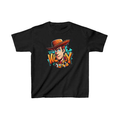 Luxury Childs Woody Graffiti Unisex Graphic Tee Shirt featuring a vibrant design of Woody with a graffiti backdrop, perfect for kids.