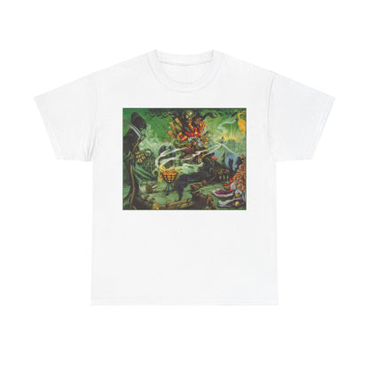Discworld Wyrd Sisters Graphic Unisex Tee Shirt featuring an intricate illustration of witches in a vibrant fantasy setting, celebrating the artistry of Terry Pratchett's work.