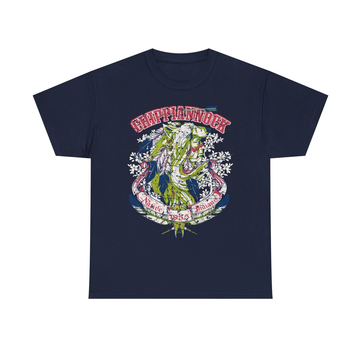 Elegant Native American Heritage graphic t-shirt in deep navy, showcasing a majestic wolf headdress design with intricate details, embodying a rich cultural narrative.