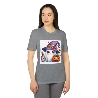 Fashionable front view of the Adidas Unisex Halloween Party Ghost Cute T-shirt featuring a whimsical ghost design, perfect for Halloween celebrations.