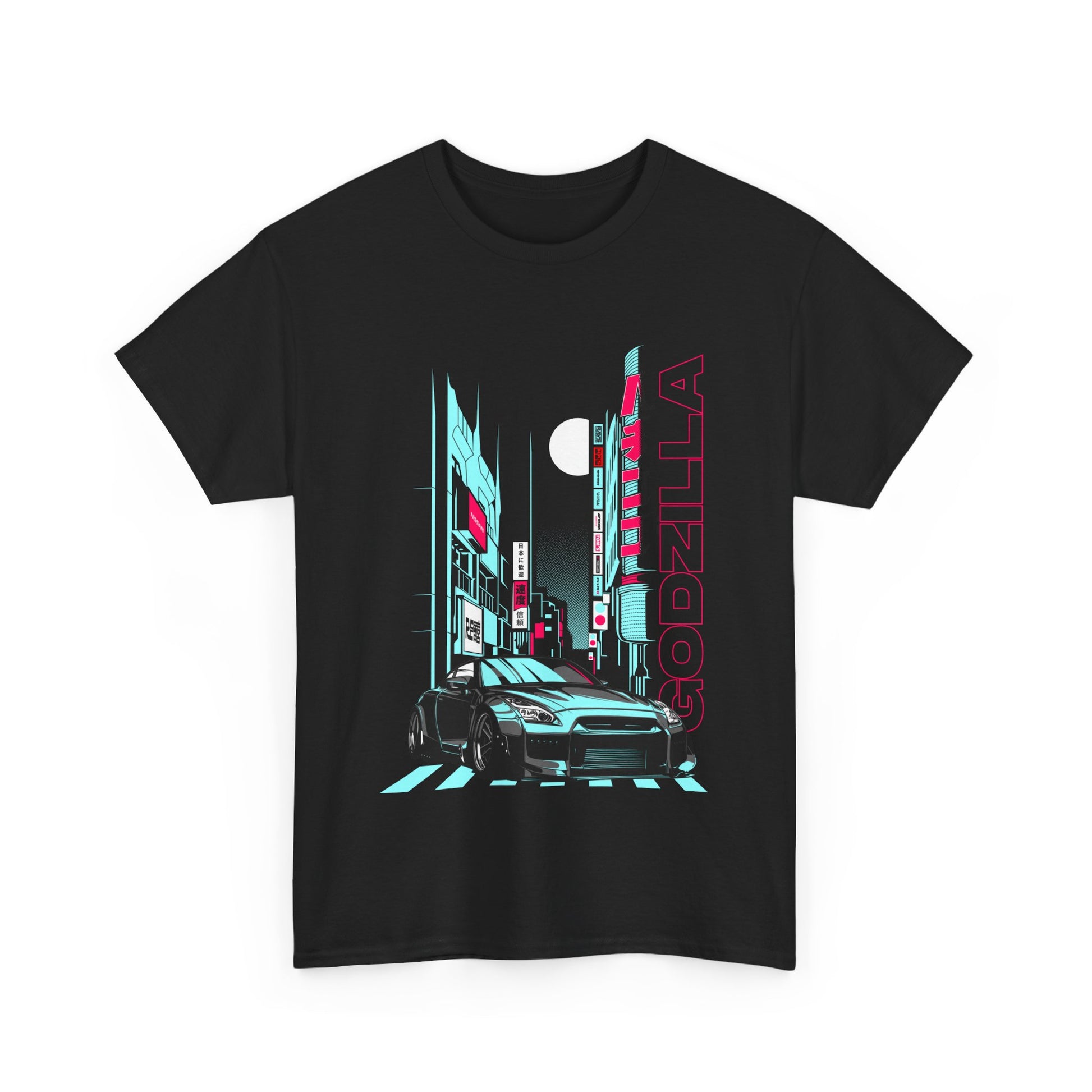 Luxury black men's graphic t-shirt featuring an exquisite Godzilla city scene design, showcasing a dynamic sports car and vibrant urban aesthetics, perfect for stylish outings.