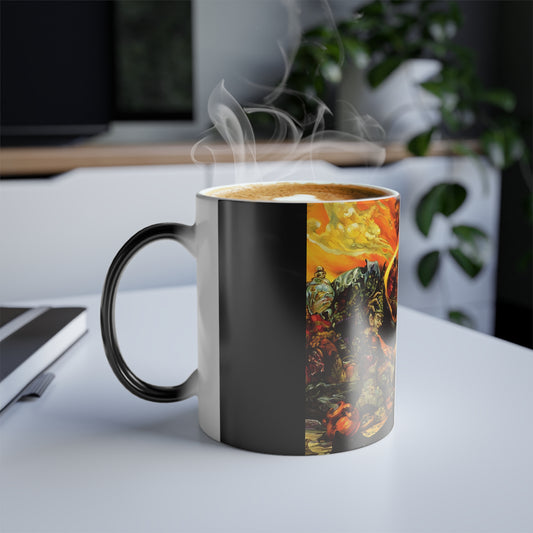 Discworld Equal Rites 3D Colour Morphing Coffee & Tea Mug with steaming beverage, highlighting the magical graphic details that come alive with warmth, ideal for collectors.