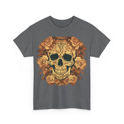 Front view of the Skulls and Roses Cotton Tee displaying a stunning graphic of a skull adorned with roses, crafted from premium cotton, perfect for making a bold fashion statement.
