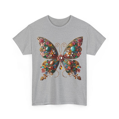 Front view of the stylish Enchanting Butterfly Brooch Unisex T Shirt Graphic Tee featuring a captivating butterfly design embellished with colourful crystals on a grey background.
