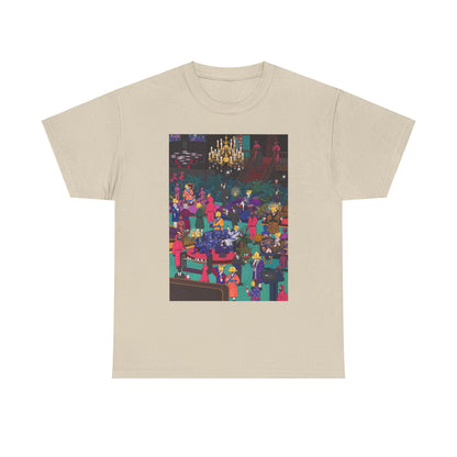 Elegant unisex Squid Game graphic t-shirt, adorned with a captivating design illustrating a vibrant social gathering. This chic tee perfectly balances bold artistry with premium comfort, making it a distinguished choice for fashion-forward individuals.