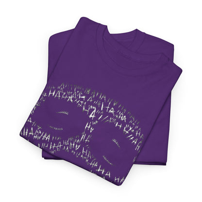 Elegant stacked purple t-shirts displaying a unique Joker mask design, embodying a blend of humour and artistry for the discerning fashion enthusiast.