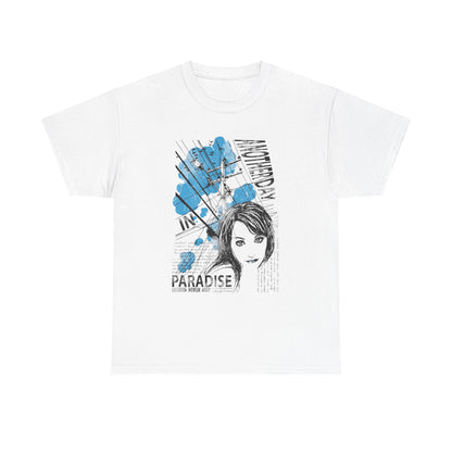 Luxurious white t-shirt featuring an artistic graphic design of a woman's portrait, with blue accents and dynamic urban elements, capturing a blend of creativity and style. Perfect for those seeking to elevate their fashion statement.