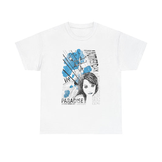 Luxurious white t-shirt featuring an artistic graphic design of a woman's portrait, with blue accents and dynamic urban elements, capturing a blend of creativity and style. Perfect for those seeking to elevate their fashion statement.