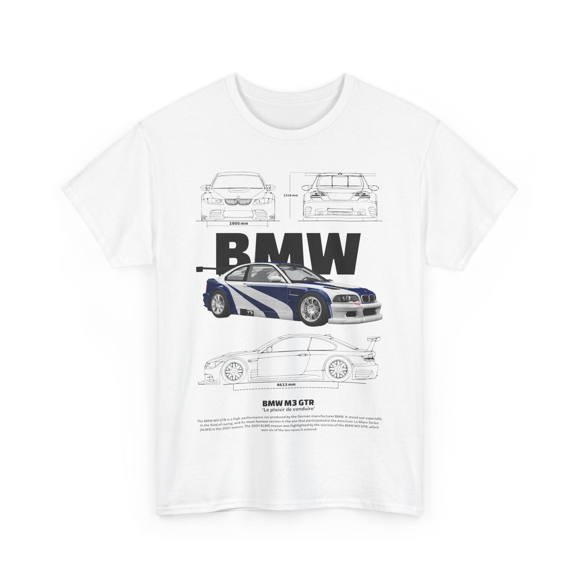 Sophisticated white BMW M3 GTR men's T-shirt displaying intricate graphics and technical illustrations, perfect for automotive lovers.