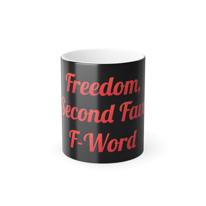 A pristine view of the 'My Second Favorite F-Word' Colour Morphing Mug, displaying its cheeky phrase in vibrant red lettering against a sleek black background.