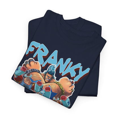 Stacked image of two elegant navy Franky t-shirts, emphasising the unique design and luxurious fabric, perfect for any anime enthusiast.