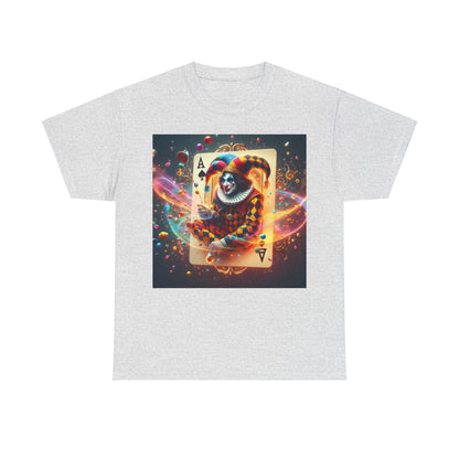 Unisex Harlequin Playing Card Graphic Tee - Premium Quality Cotton Blend T-Shirt showcasing a striking harlequin design and playing card graphic on a light grey fabric.