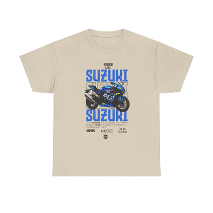 Elegant beige men's t-shirt showcasing the Suzuki GSX-R1000 graphic, designed for bikers who appreciate luxury and speed.