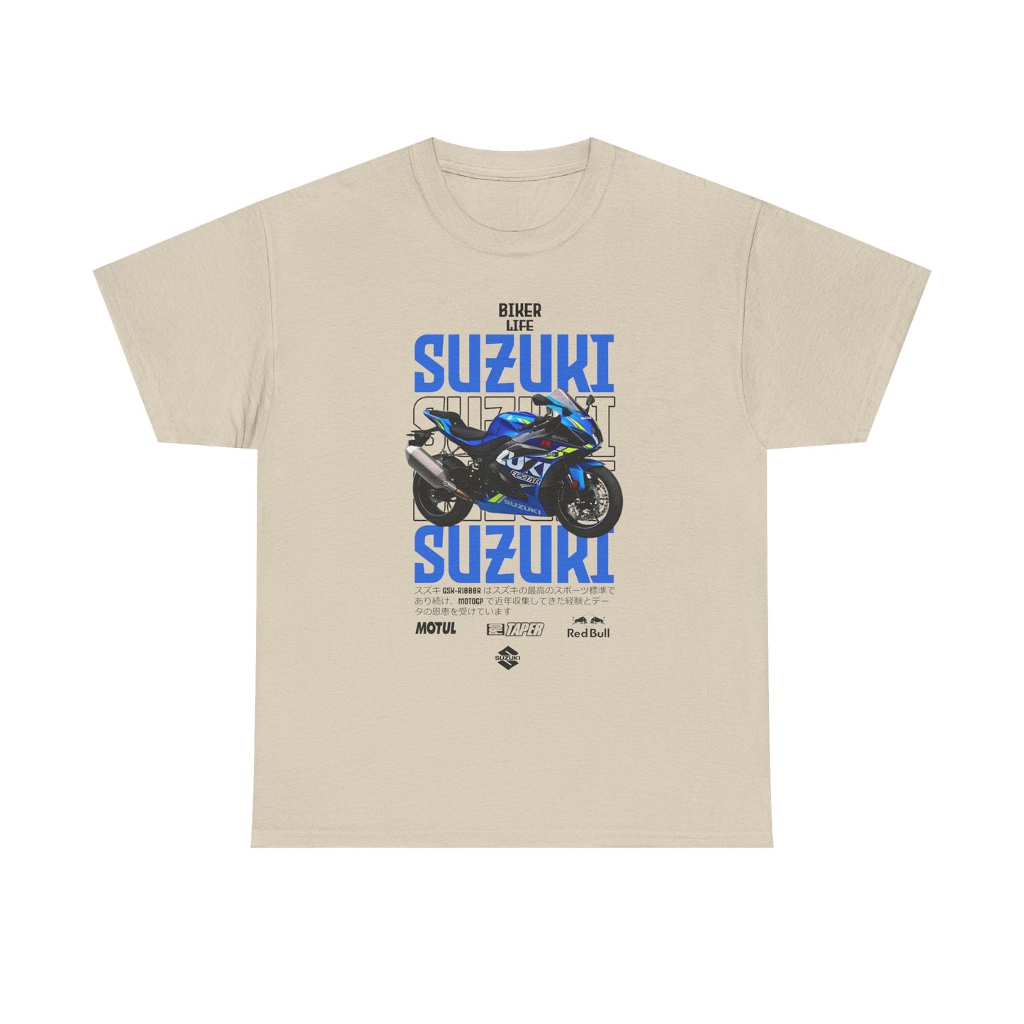 Chic beige Suzuki GSX-R1000 graphic t-shirt highlighted by a prominent motorcycle graphic and 'Biker Life' lettering in blue, designed for stylish bikers.