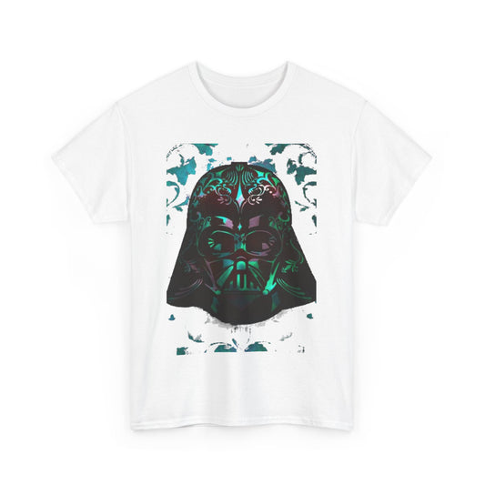 Elegant Star Wars Vader art graphic t-shirt showcased in white, highlighting a contemporary portrayal of Darth Vader's helmet with artistic floral embellishments, ideal for fashion-forward fans.